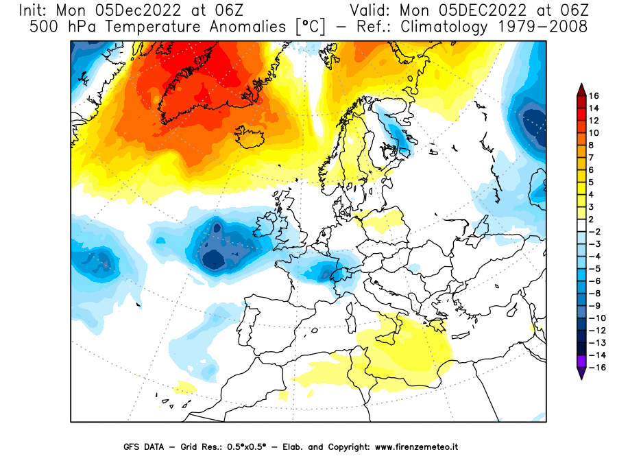 Mappa di analisi GFS - Anomalia Temperatura [°C] a 500 hPa in Europa
							del 05/12/2022 06 <!--googleoff: index-->UTC<!--googleon: index-->