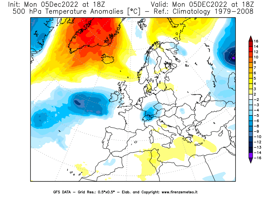 Mappa di analisi GFS - Anomalia Temperatura [°C] a 500 hPa in Europa
							del 05/12/2022 18 <!--googleoff: index-->UTC<!--googleon: index-->