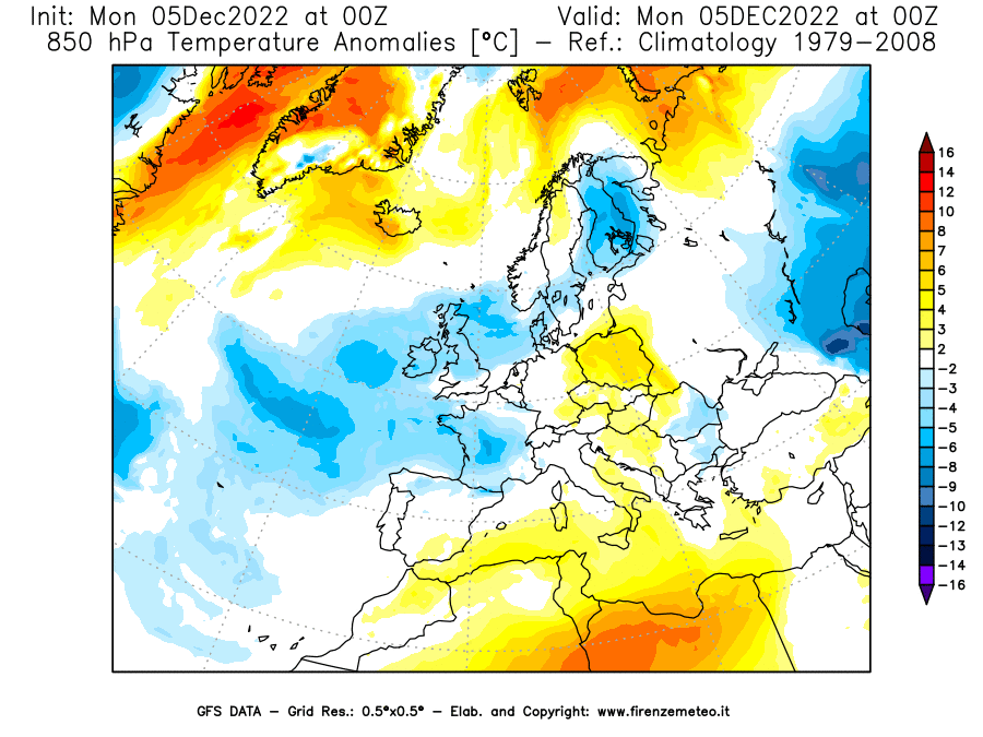 Mappa di analisi GFS - Anomalia Temperatura [°C] a 850 hPa in Europa
							del 05/12/2022 00 <!--googleoff: index-->UTC<!--googleon: index-->