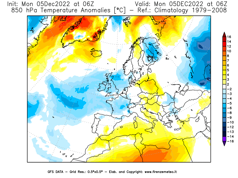 Mappa di analisi GFS - Anomalia Temperatura [°C] a 850 hPa in Europa
							del 05/12/2022 06 <!--googleoff: index-->UTC<!--googleon: index-->