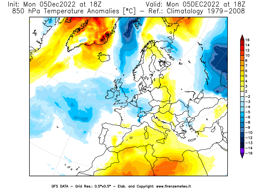 Mappa di analisi GFS - Anomalia Temperatura [°C] a 850 hPa in Europa
							del 05/12/2022 18 <!--googleoff: index-->UTC<!--googleon: index-->