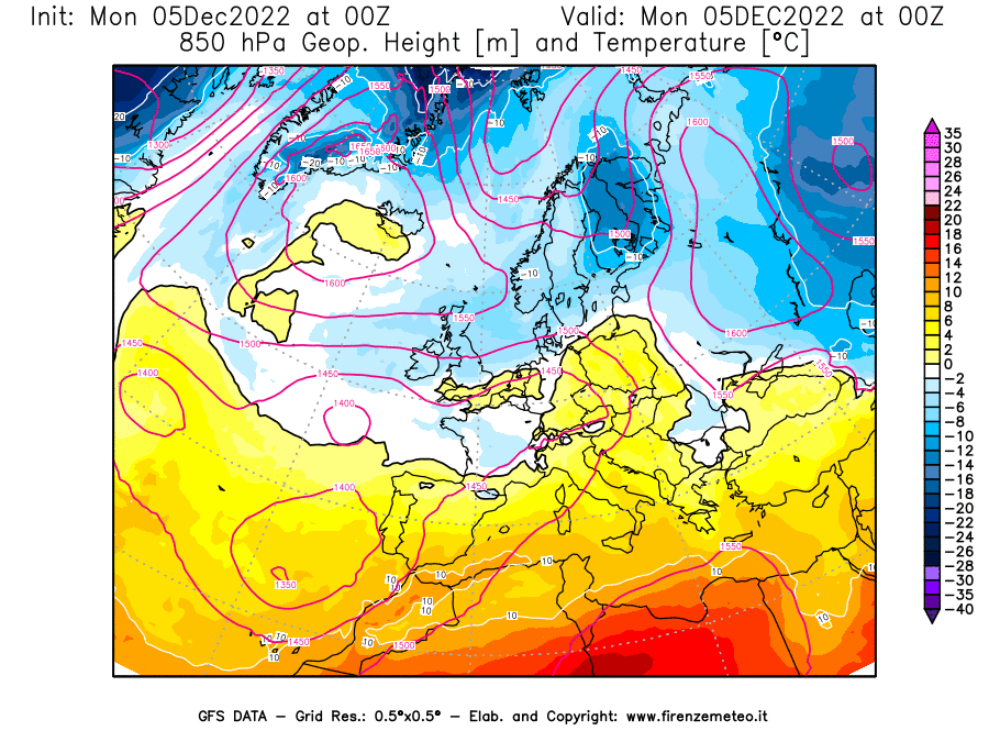 Mappa di analisi GFS - Geopotenziale [m] e Temperatura [°C] a 850 hPa in Europa
							del 05/12/2022 00 <!--googleoff: index-->UTC<!--googleon: index-->