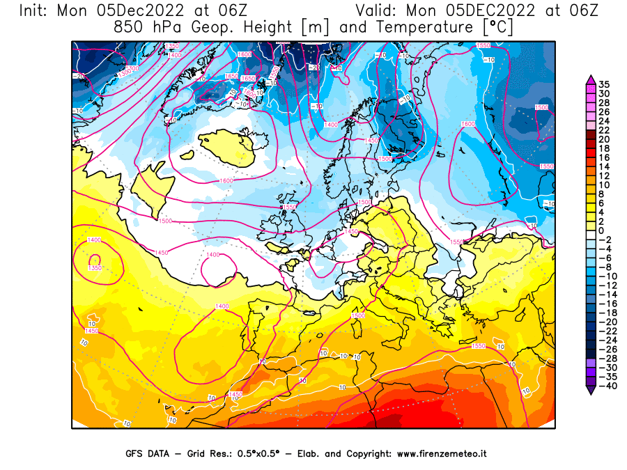 Mappa di analisi GFS - Geopotenziale [m] e Temperatura [°C] a 850 hPa in Europa
							del 05/12/2022 06 <!--googleoff: index-->UTC<!--googleon: index-->