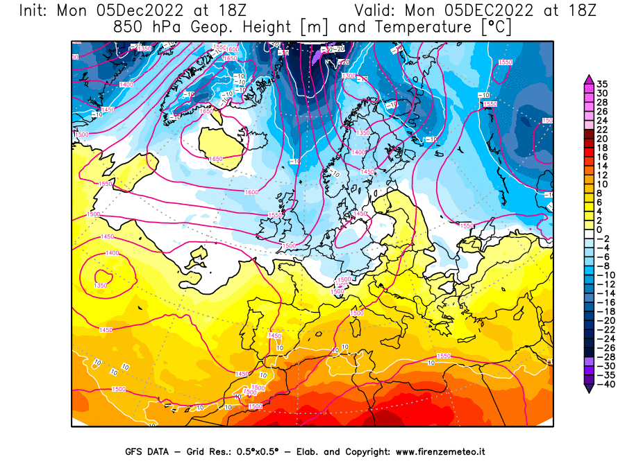 Mappa di analisi GFS - Geopotenziale [m] e Temperatura [°C] a 850 hPa in Europa
							del 05/12/2022 18 <!--googleoff: index-->UTC<!--googleon: index-->