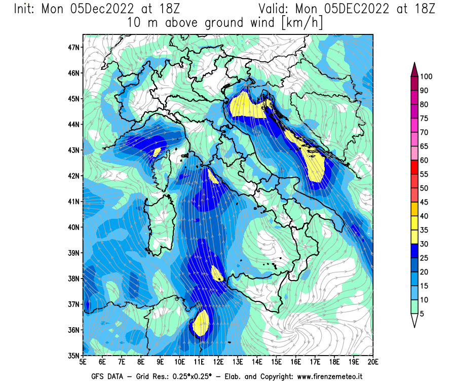Mappa di analisi GFS - Velocità del vento a 10 metri dal suolo [km/h] in Italia
							del 05/12/2022 18 <!--googleoff: index-->UTC<!--googleon: index-->