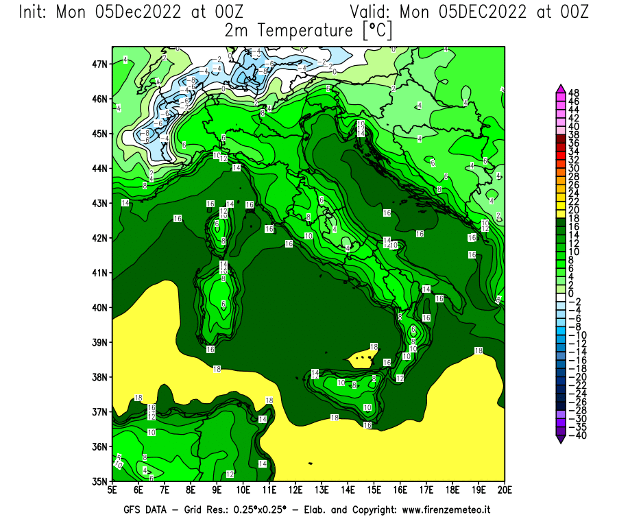Mappa di analisi GFS - Temperatura a 2 metri dal suolo [°C] in Italia
							del 05/12/2022 00 <!--googleoff: index-->UTC<!--googleon: index-->