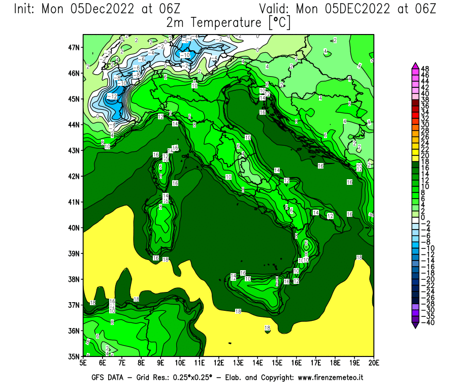 Mappa di analisi GFS - Temperatura a 2 metri dal suolo [°C] in Italia
							del 05/12/2022 06 <!--googleoff: index-->UTC<!--googleon: index-->