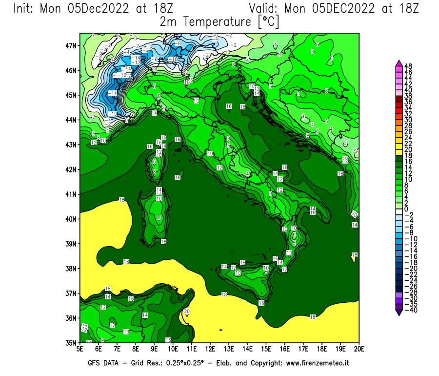 Mappa di analisi GFS - Temperatura a 2 metri dal suolo [°C] in Italia
							del 05/12/2022 18 <!--googleoff: index-->UTC<!--googleon: index-->