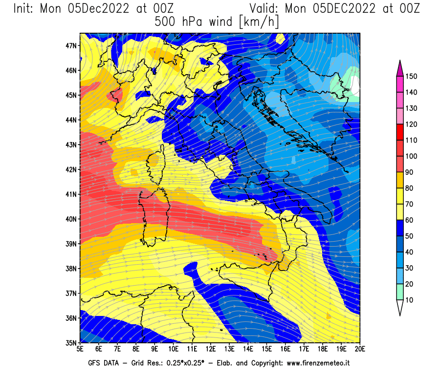 Mappa di analisi GFS - Velocità del vento a 500 hPa [km/h] in Italia
							del 05/12/2022 00 <!--googleoff: index-->UTC<!--googleon: index-->