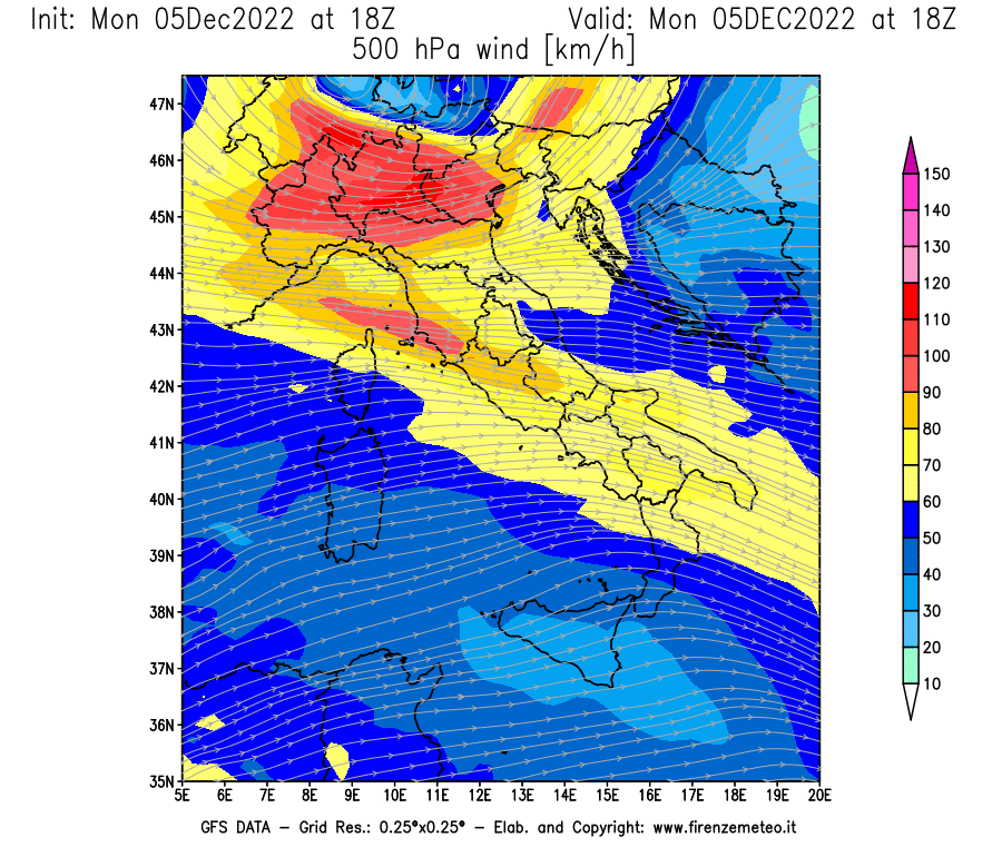 Mappa di analisi GFS - Velocità del vento a 500 hPa [km/h] in Italia
							del 05/12/2022 18 <!--googleoff: index-->UTC<!--googleon: index-->