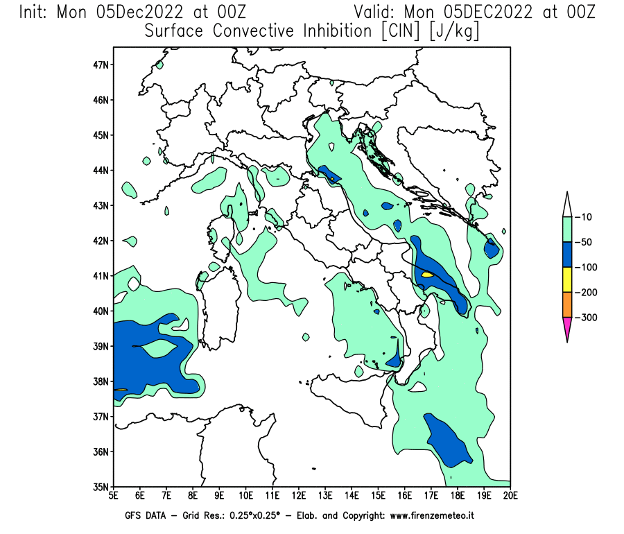 Mappa di analisi GFS - CIN [J/kg] in Italia
							del 05/12/2022 00 <!--googleoff: index-->UTC<!--googleon: index-->