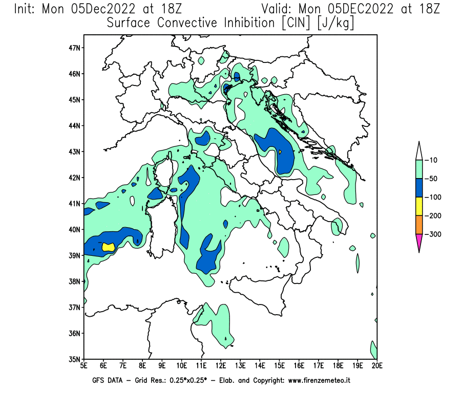 Mappa di analisi GFS - CIN [J/kg] in Italia
							del 05/12/2022 18 <!--googleoff: index-->UTC<!--googleon: index-->