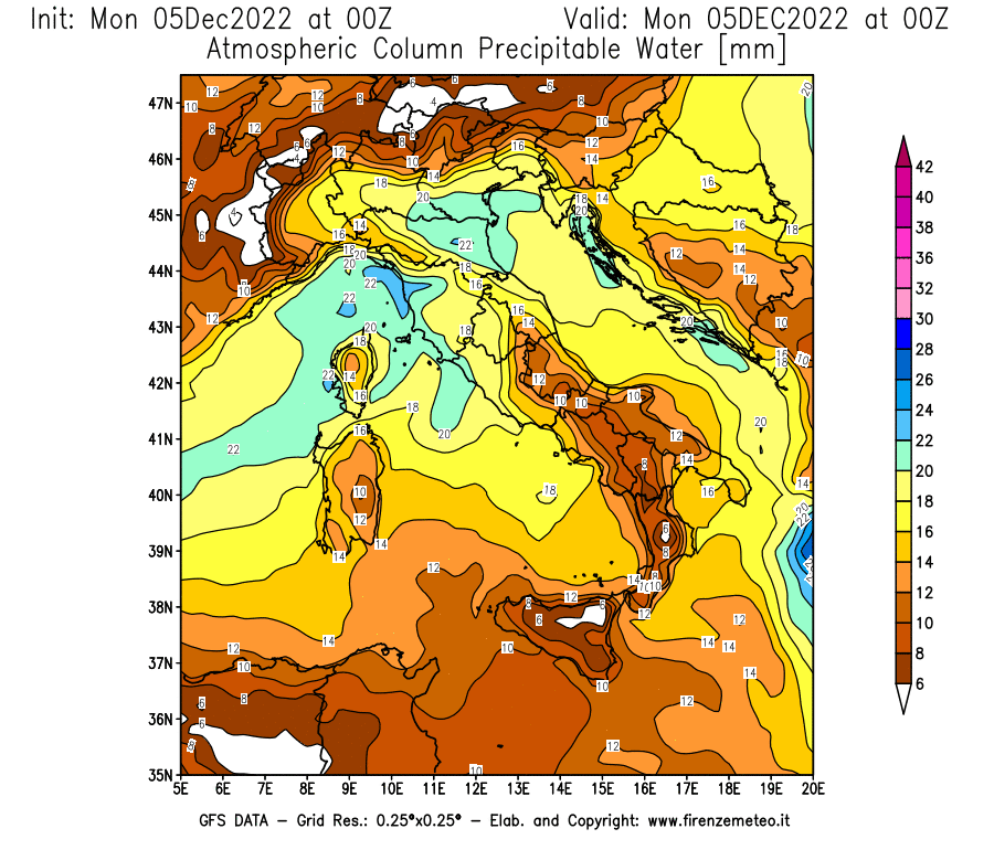 Mappa di analisi GFS - Precipitable Water [mm] in Italia
							del 05/12/2022 00 <!--googleoff: index-->UTC<!--googleon: index-->