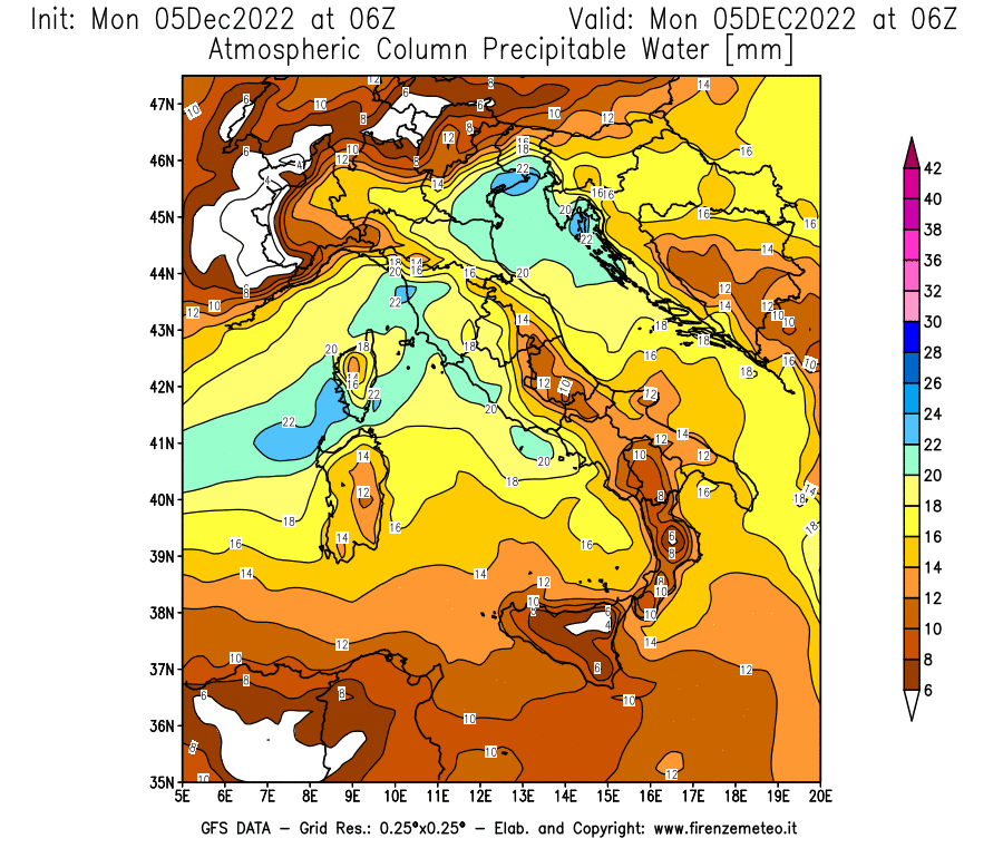 Mappa di analisi GFS - Precipitable Water [mm] in Italia
							del 05/12/2022 06 <!--googleoff: index-->UTC<!--googleon: index-->