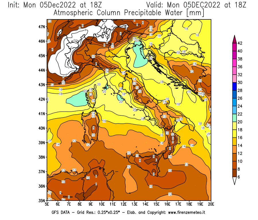 Mappa di analisi GFS - Precipitable Water [mm] in Italia
							del 05/12/2022 18 <!--googleoff: index-->UTC<!--googleon: index-->
