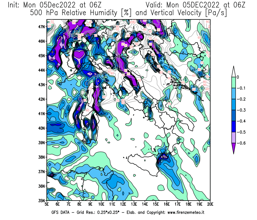 Mappa di analisi GFS - Umidità relativa [%] e Omega [Pa/s] a 500 hPa in Italia
							del 05/12/2022 06 <!--googleoff: index-->UTC<!--googleon: index-->