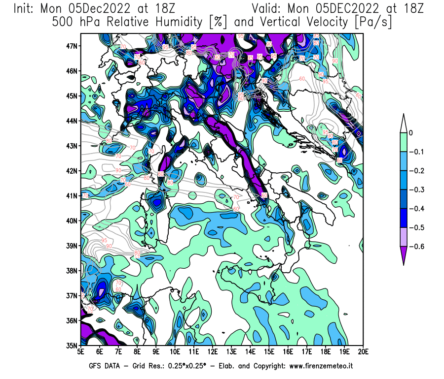 Mappa di analisi GFS - Umidità relativa [%] e Omega [Pa/s] a 500 hPa in Italia
							del 05/12/2022 18 <!--googleoff: index-->UTC<!--googleon: index-->