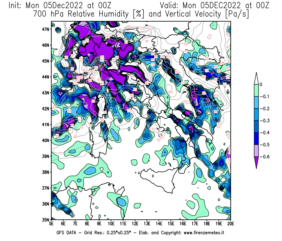 Mappa di analisi GFS - Umidità relativa [%] e Omega [Pa/s] a 700 hPa in Italia
							del 05/12/2022 00 <!--googleoff: index-->UTC<!--googleon: index-->