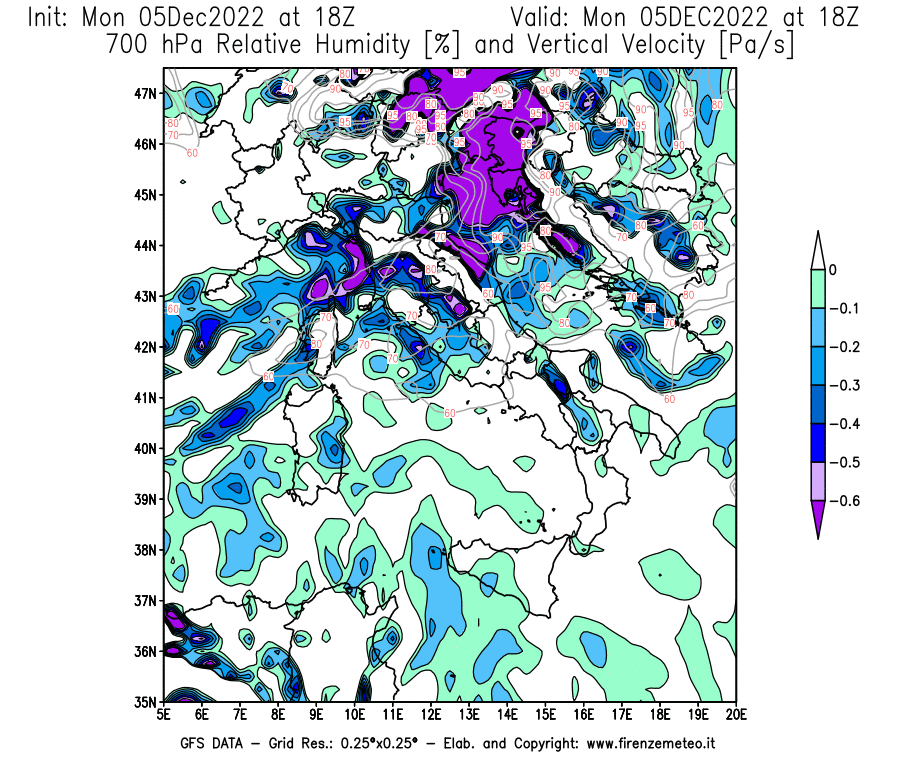 Mappa di analisi GFS - Umidità relativa [%] e Omega [Pa/s] a 700 hPa in Italia
							del 05/12/2022 18 <!--googleoff: index-->UTC<!--googleon: index-->