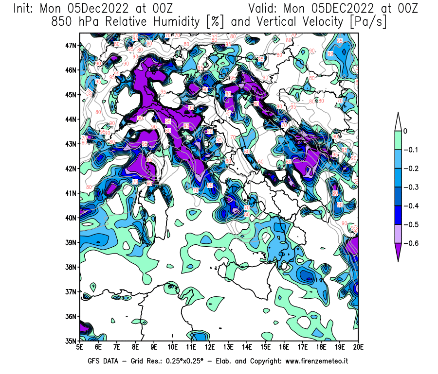 Mappa di analisi GFS - Umidità relativa [%] e Omega [Pa/s] a 850 hPa in Italia
							del 05/12/2022 00 <!--googleoff: index-->UTC<!--googleon: index-->