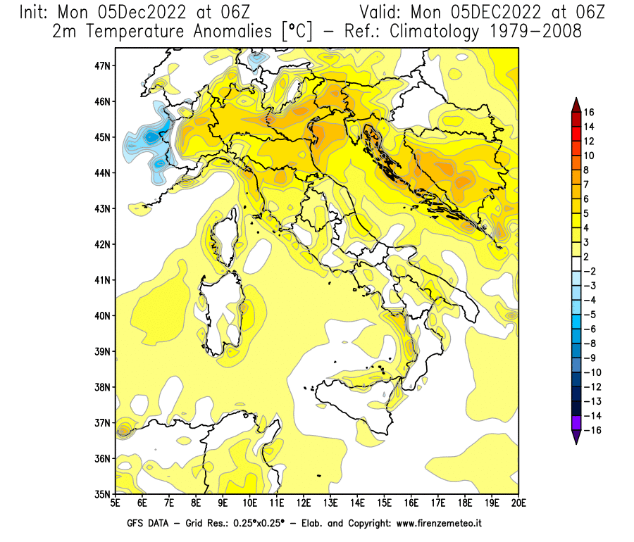 Mappa di analisi GFS - Anomalia Temperatura [°C] a 2 m in Italia
							del 05/12/2022 06 <!--googleoff: index-->UTC<!--googleon: index-->