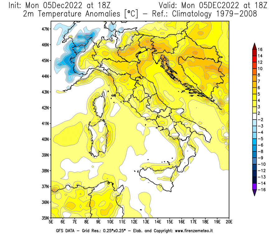 Mappa di analisi GFS - Anomalia Temperatura [°C] a 2 m in Italia
							del 05/12/2022 18 <!--googleoff: index-->UTC<!--googleon: index-->