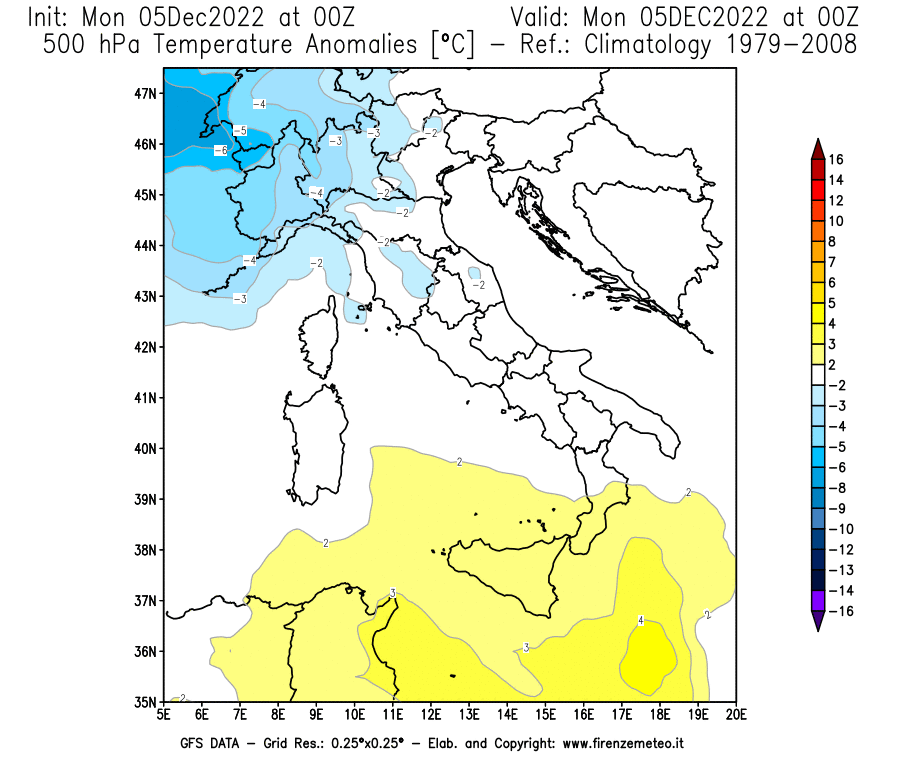 Mappa di analisi GFS - Anomalia Temperatura [°C] a 500 hPa in Italia
							del 05/12/2022 00 <!--googleoff: index-->UTC<!--googleon: index-->