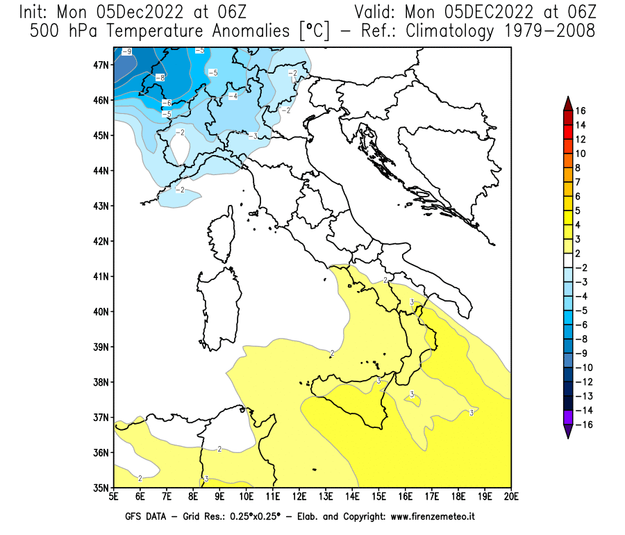 Mappa di analisi GFS - Anomalia Temperatura [°C] a 500 hPa in Italia
							del 05/12/2022 06 <!--googleoff: index-->UTC<!--googleon: index-->