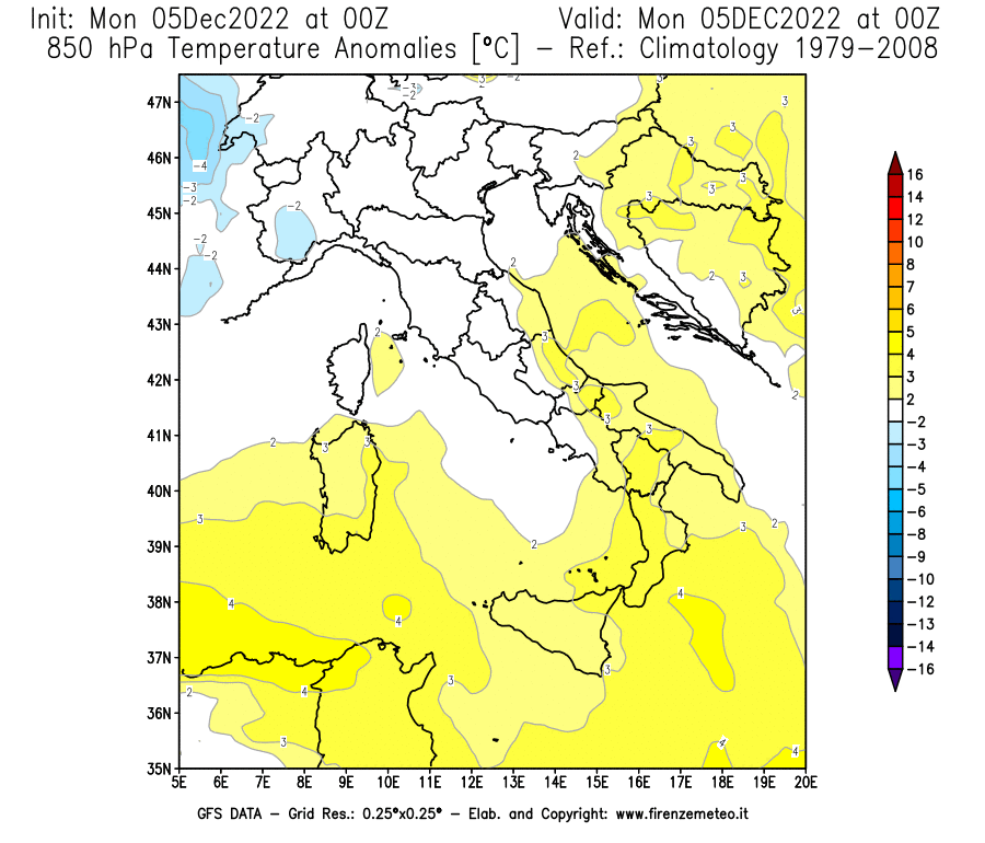 Mappa di analisi GFS - Anomalia Temperatura [°C] a 850 hPa in Italia
							del 05/12/2022 00 <!--googleoff: index-->UTC<!--googleon: index-->