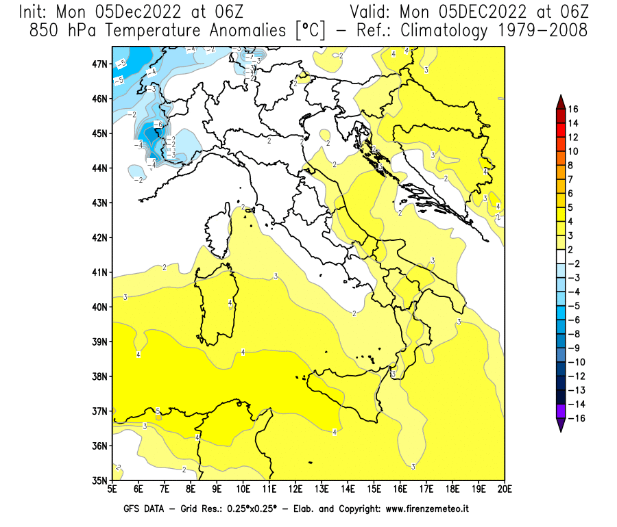Mappa di analisi GFS - Anomalia Temperatura [°C] a 850 hPa in Italia
							del 05/12/2022 06 <!--googleoff: index-->UTC<!--googleon: index-->