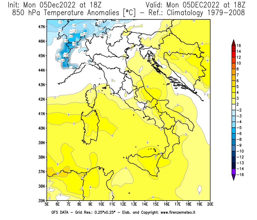 Mappa di analisi GFS - Anomalia Temperatura [°C] a 850 hPa in Italia
							del 05/12/2022 18 <!--googleoff: index-->UTC<!--googleon: index-->