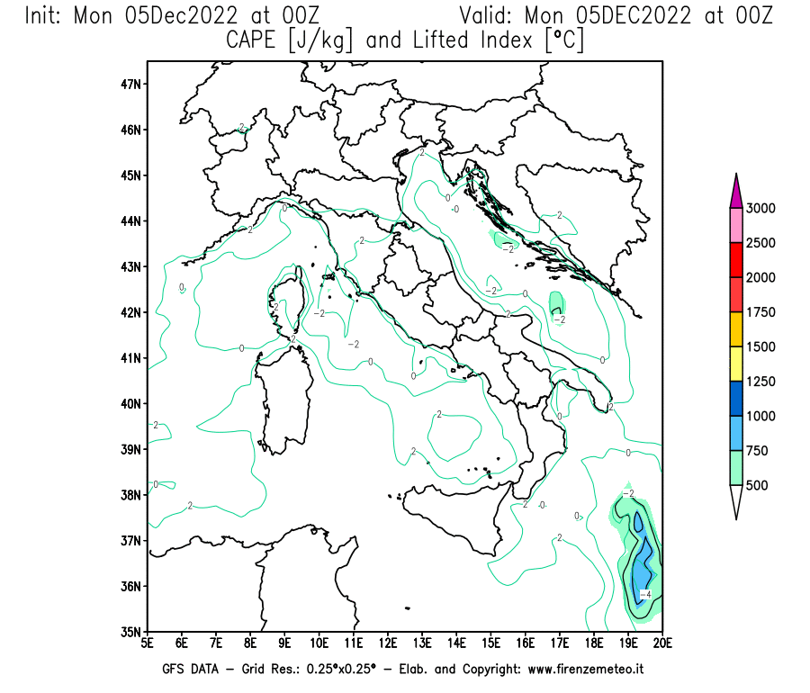 Mappa di analisi GFS - CAPE [J/kg] e Lifted Index [°C] in Italia
							del 05/12/2022 00 <!--googleoff: index-->UTC<!--googleon: index-->