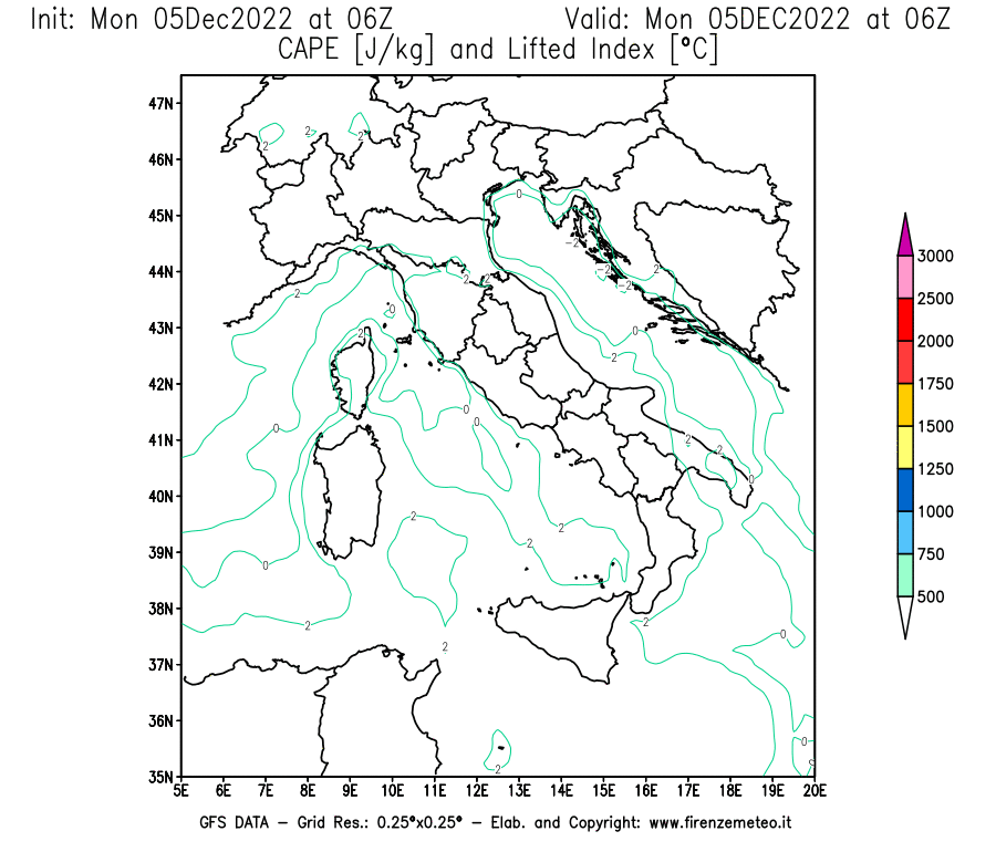 Mappa di analisi GFS - CAPE [J/kg] e Lifted Index [°C] in Italia
							del 05/12/2022 06 <!--googleoff: index-->UTC<!--googleon: index-->
