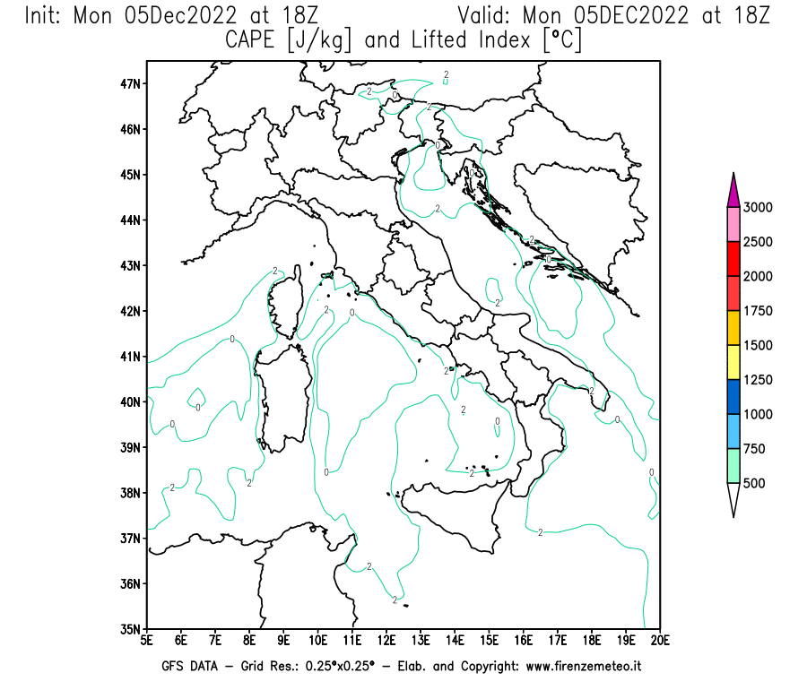 Mappa di analisi GFS - CAPE [J/kg] e Lifted Index [°C] in Italia
							del 05/12/2022 18 <!--googleoff: index-->UTC<!--googleon: index-->
