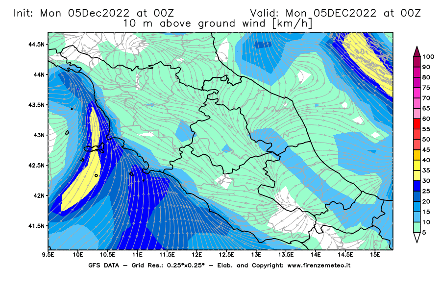 Mappa di analisi GFS - Velocità del vento a 10 metri dal suolo [km/h] in Centro-Italia
							del 05/12/2022 00 <!--googleoff: index-->UTC<!--googleon: index-->