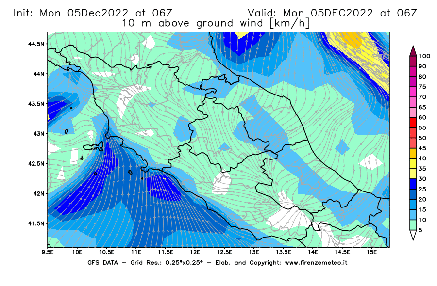 Mappa di analisi GFS - Velocità del vento a 10 metri dal suolo [km/h] in Centro-Italia
							del 05/12/2022 06 <!--googleoff: index-->UTC<!--googleon: index-->