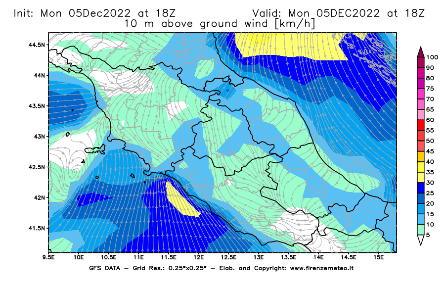 Mappa di analisi GFS - Velocità del vento a 10 metri dal suolo [km/h] in Centro-Italia
							del 05/12/2022 18 <!--googleoff: index-->UTC<!--googleon: index-->