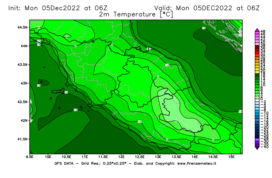 Mappa di analisi GFS - Temperatura a 2 metri dal suolo [°C] in Centro-Italia
							del 05/12/2022 06 <!--googleoff: index-->UTC<!--googleon: index-->