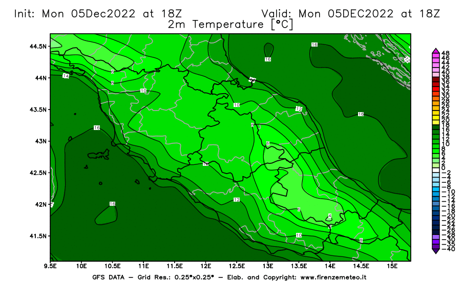 Mappa di analisi GFS - Temperatura a 2 metri dal suolo [°C] in Centro-Italia
							del 05/12/2022 18 <!--googleoff: index-->UTC<!--googleon: index-->