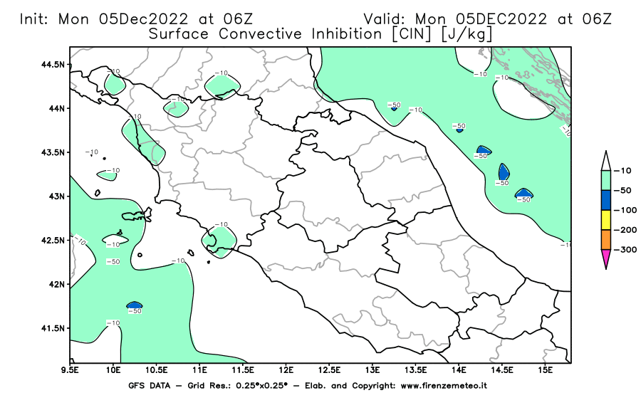 Mappa di analisi GFS - CIN [J/kg] in Centro-Italia
							del 05/12/2022 06 <!--googleoff: index-->UTC<!--googleon: index-->