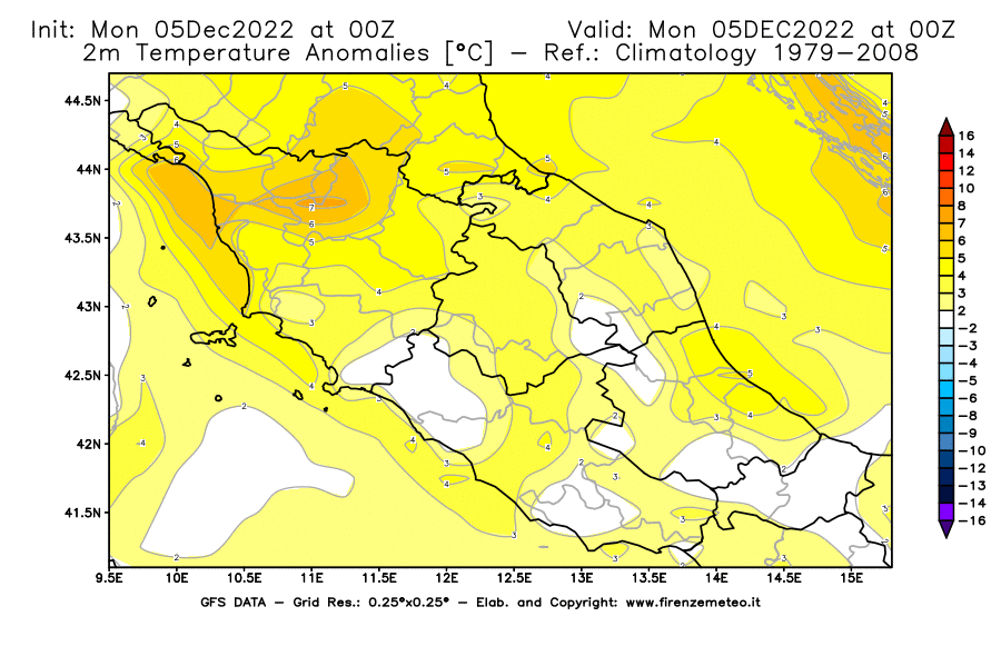 Mappa di analisi GFS - Anomalia Temperatura [°C] a 2 m in Centro-Italia
							del 05/12/2022 00 <!--googleoff: index-->UTC<!--googleon: index-->