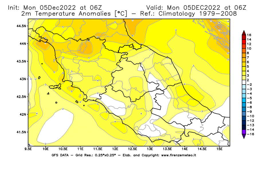 Mappa di analisi GFS - Anomalia Temperatura [°C] a 2 m in Centro-Italia
							del 05/12/2022 06 <!--googleoff: index-->UTC<!--googleon: index-->