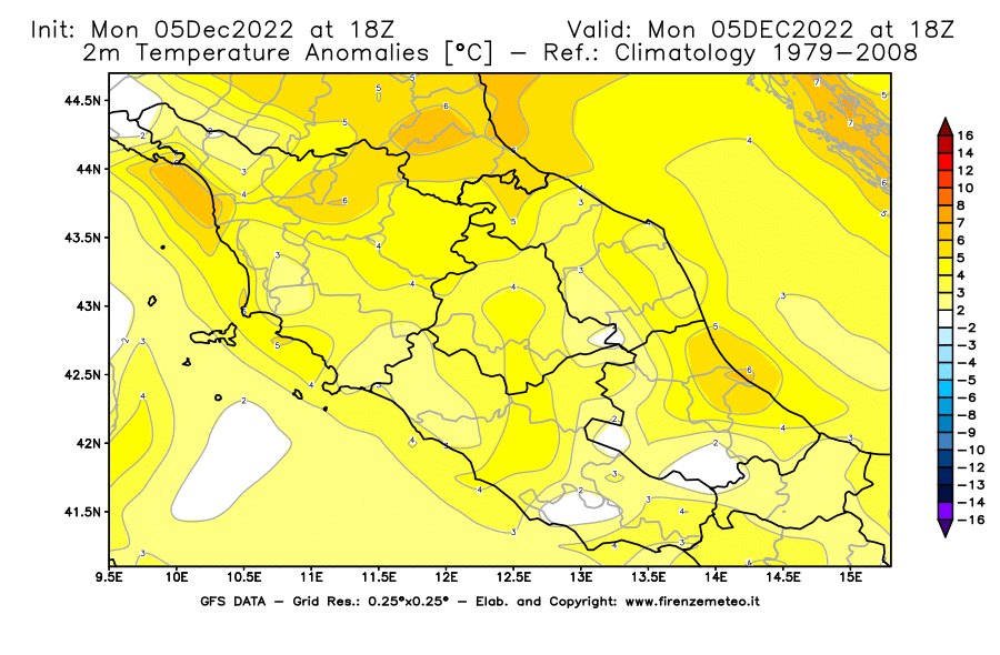 Mappa di analisi GFS - Anomalia Temperatura [°C] a 2 m in Centro-Italia
							del 05/12/2022 18 <!--googleoff: index-->UTC<!--googleon: index-->