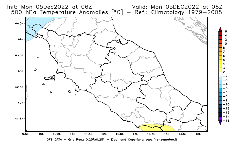 Mappa di analisi GFS - Anomalia Temperatura [°C] a 500 hPa in Centro-Italia
							del 05/12/2022 06 <!--googleoff: index-->UTC<!--googleon: index-->