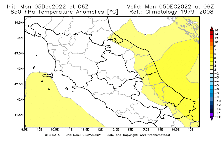 Mappa di analisi GFS - Anomalia Temperatura [°C] a 850 hPa in Centro-Italia
							del 05/12/2022 06 <!--googleoff: index-->UTC<!--googleon: index-->