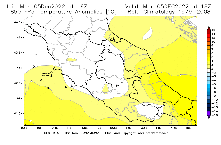 Mappa di analisi GFS - Anomalia Temperatura [°C] a 850 hPa in Centro-Italia
							del 05/12/2022 18 <!--googleoff: index-->UTC<!--googleon: index-->