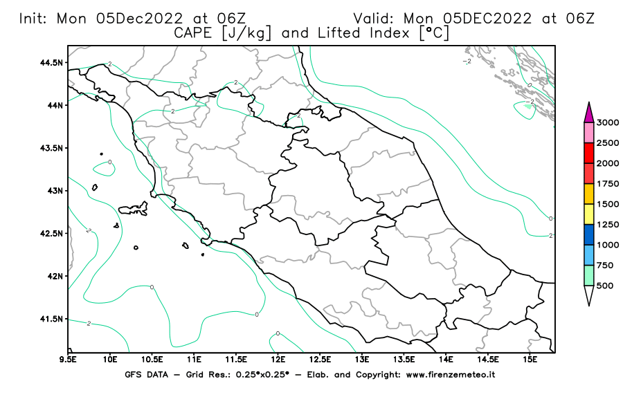 Mappa di analisi GFS - CAPE [J/kg] e Lifted Index [°C] in Centro-Italia
							del 05/12/2022 06 <!--googleoff: index-->UTC<!--googleon: index-->