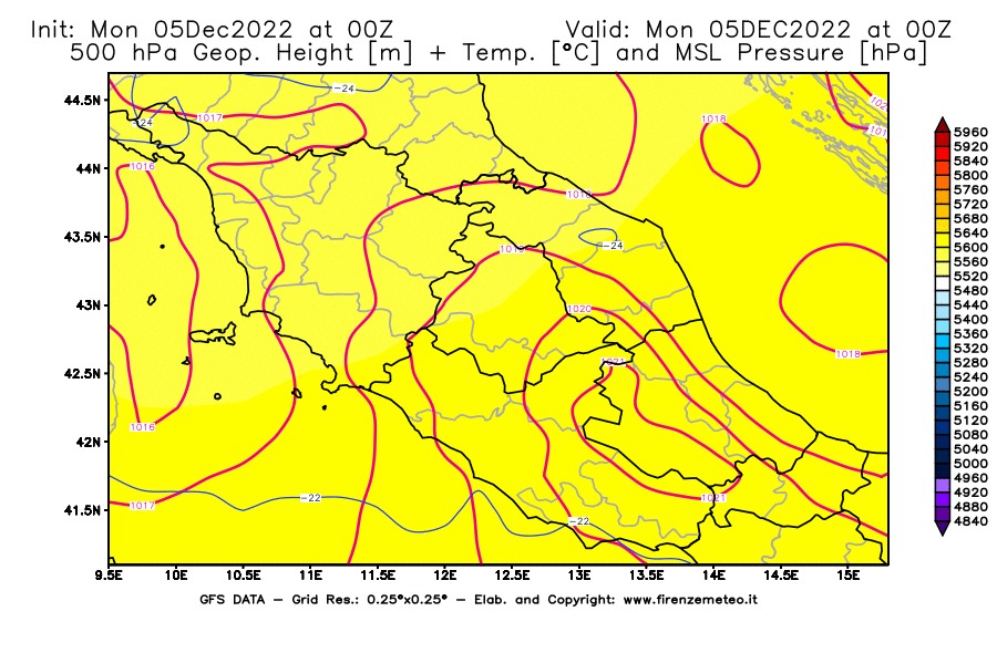 Mappa di analisi GFS - Geopotenziale [m] + Temp. [°C] a 500 hPa + Press. a livello del mare [hPa] in Centro-Italia
							del 05/12/2022 00 <!--googleoff: index-->UTC<!--googleon: index-->