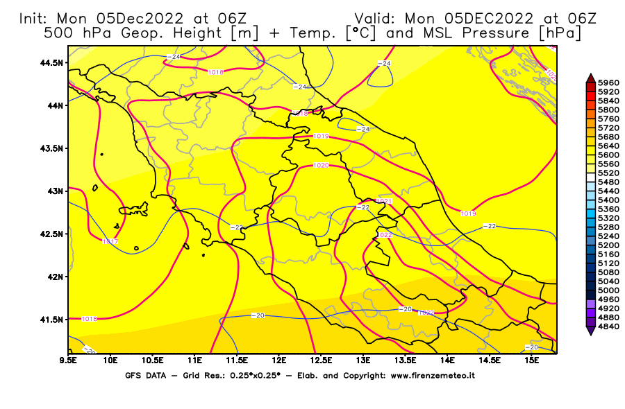 Mappa di analisi GFS - Geopotenziale [m] + Temp. [°C] a 500 hPa + Press. a livello del mare [hPa] in Centro-Italia
							del 05/12/2022 06 <!--googleoff: index-->UTC<!--googleon: index-->