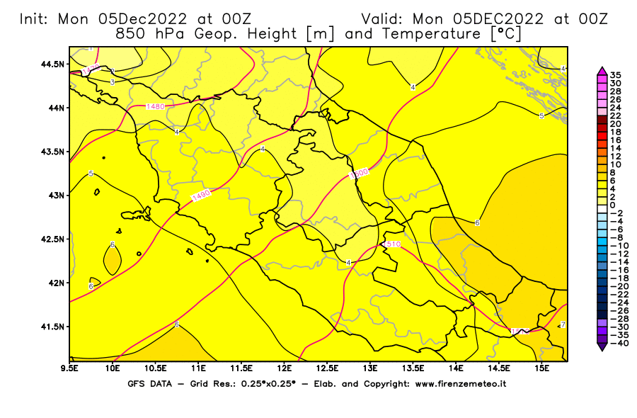 Mappa di analisi GFS - Geopotenziale [m] e Temperatura [°C] a 850 hPa in Centro-Italia
							del 05/12/2022 00 <!--googleoff: index-->UTC<!--googleon: index-->